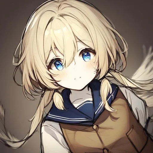 Clear focus, High resolution, rough line, sketch art, cute, cartoon, short blonde hair, hair between eyes, fluffy hair, blue eyes, wearing a sailor uniform, wearing a brown vest, baby, long locks, 1girl