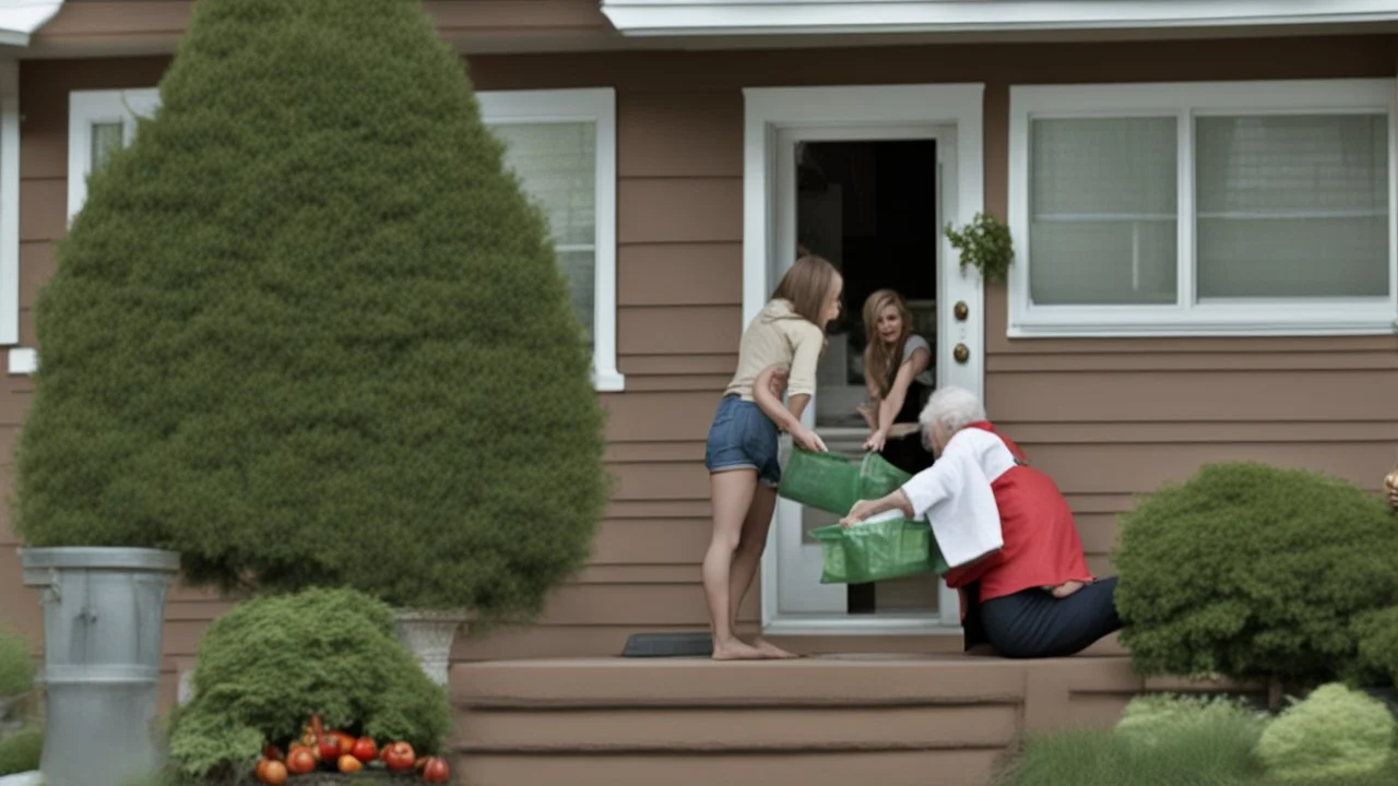 strung out young woman on porch gets cash for groceries from lady