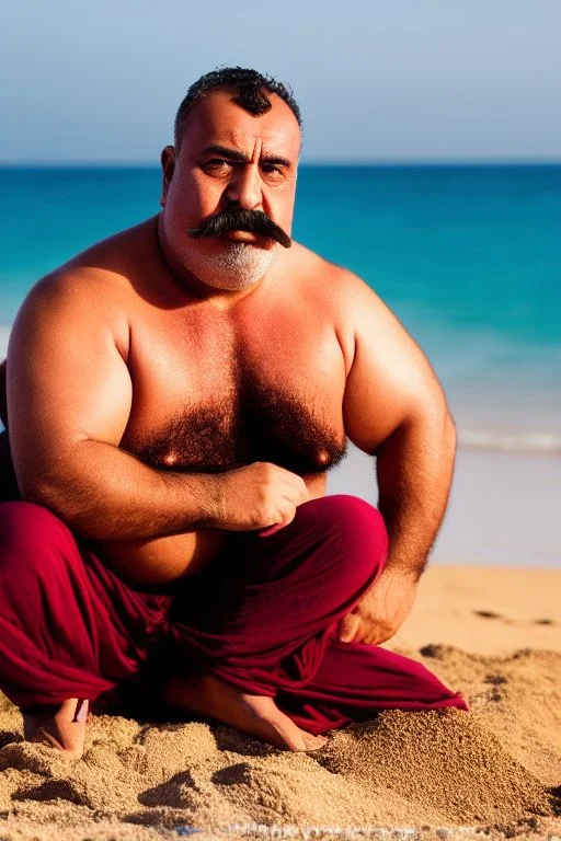 full figure shot photography of a serious ugly burly chubby strong turkish 51 years old with traditional pants, sells colored pareos on a crowded beach, mustache, sitting on a beach chair, sunligh, photorealistic, 35mm lens, side light, ambient occlusion