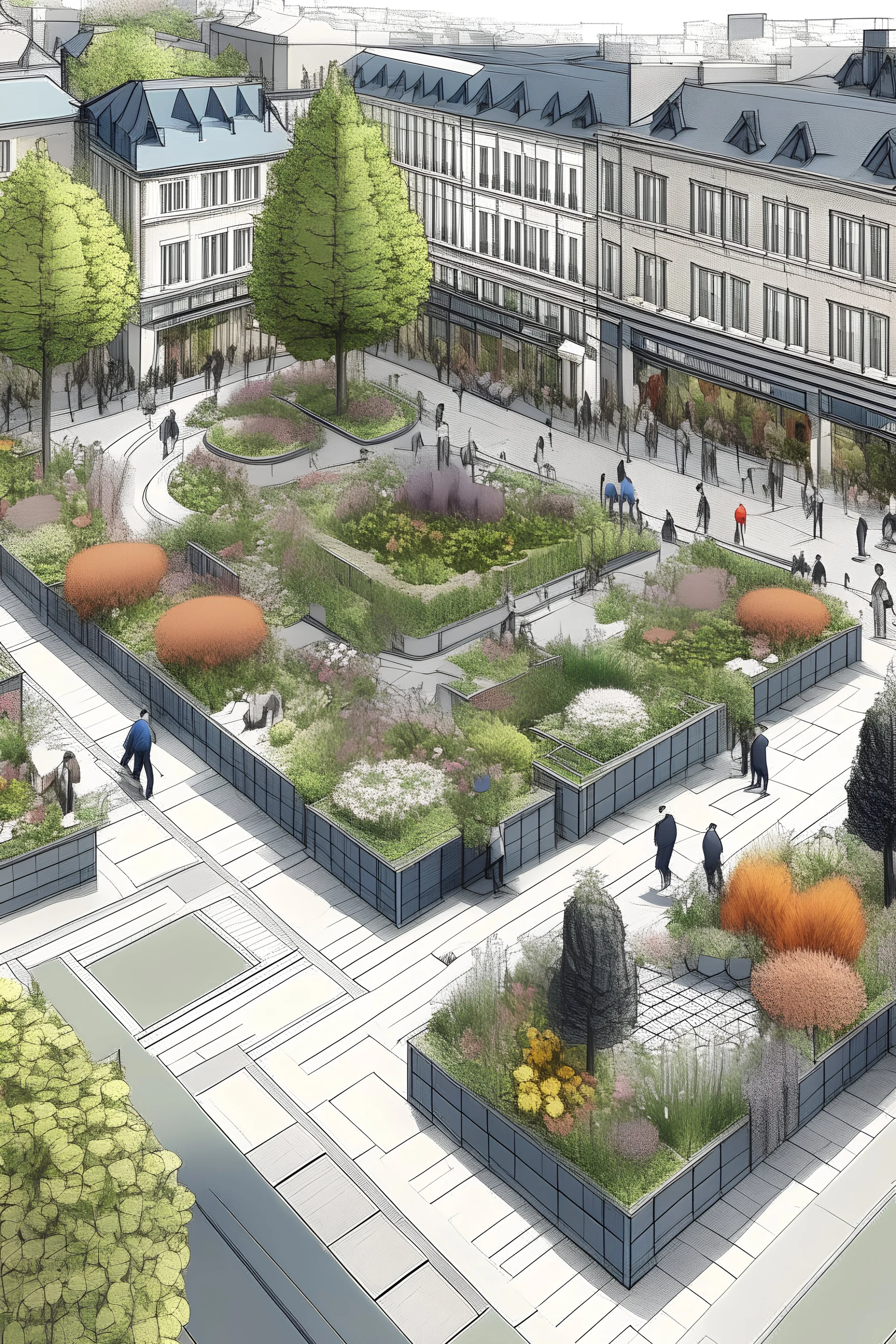 Human centred design of a square in a city surrounded by shops with plenty of flora
