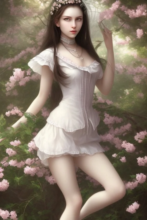 Beautiful Girl in the garden, 18 century, brunette, literally dark hair, dark eyes, slim and tall, smell of sakura