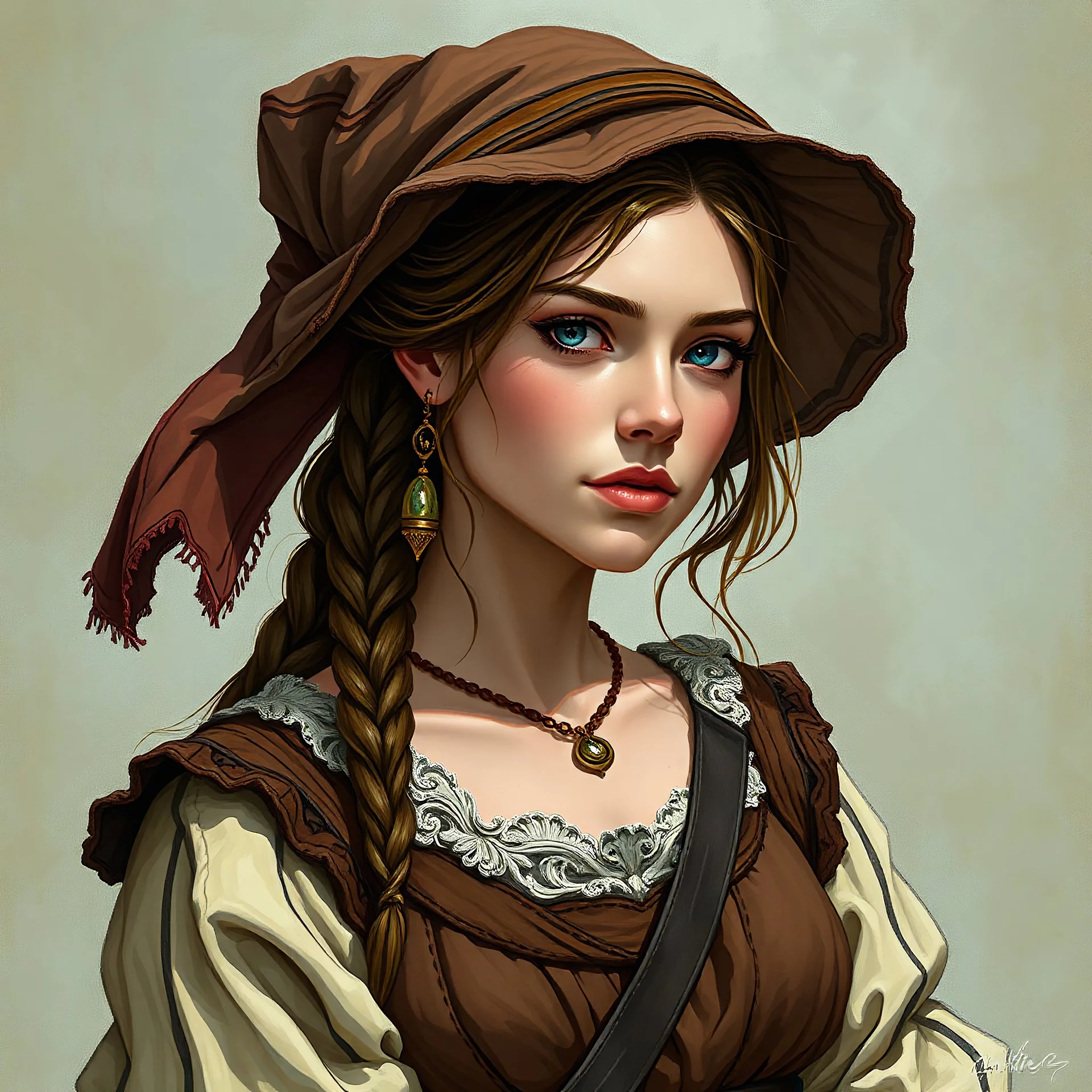 renaissance era fantasy, young british fishermen's wife, concept art, full body, in the style of ryan ottley, in colour