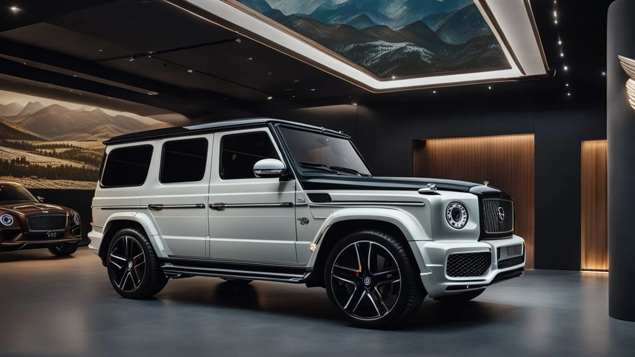 Bentley And GClass merged , desktop wallpaper, 4K, Cinematic, in the middle of showroom