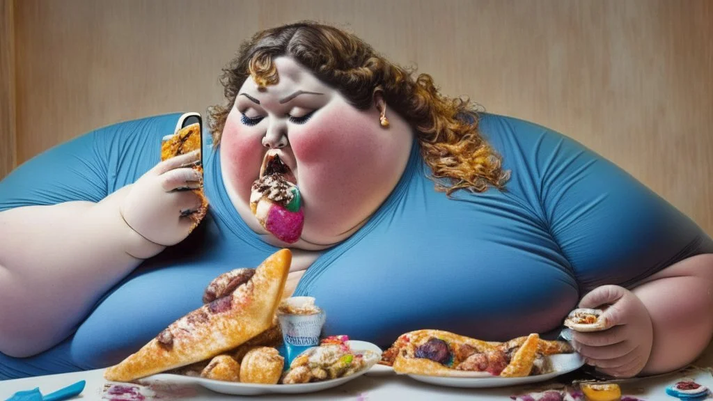 big woman stuffing mouth with food while on the phone