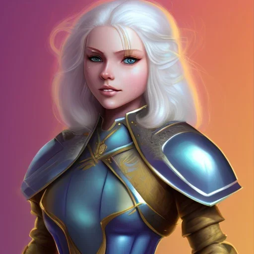 D&D cleric, female, platinum blonde hair, smiling, teal colored armor, golden colored eyes