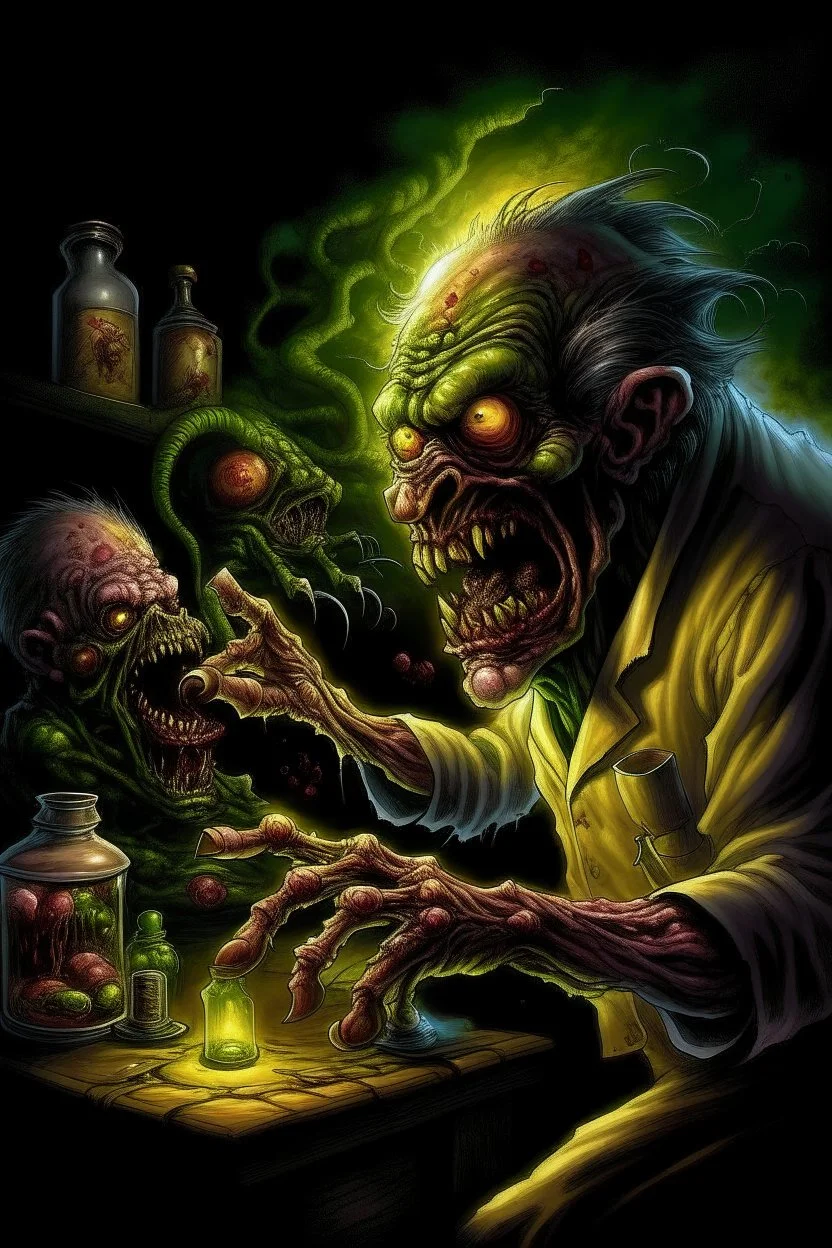 High_Quality_Art Digital Painting of Science experiment Horror Cronenberg Monster zombie creature by Richard Corben, Todd Schorr, T-Shirt Design, Black Background,