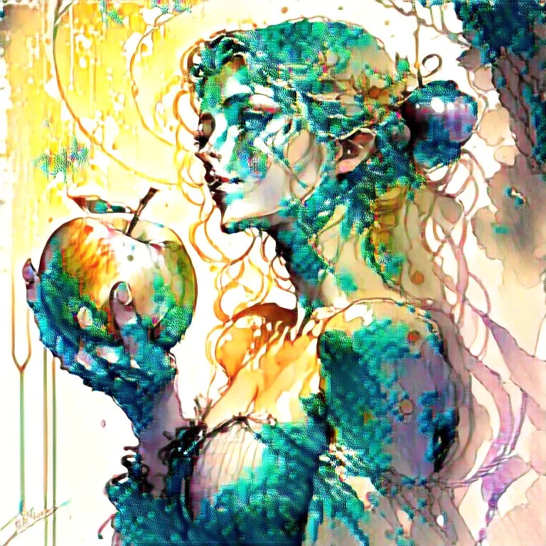 Eve and holding the apple, wet on wet watercolors splash, ink Modifiers: highly detailed digital painting elegant photorealistic very attractive beautiful dynamic lighting award winning high definition hdr matte background cinematic postprocessing pencil sketch Alphonse Mucha neon Iridescent Craig Rutkowski