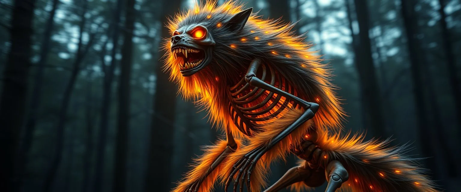 radiant Werewolf thick Skeleton with lotsa fluffy fur, motion blur background dark forest
