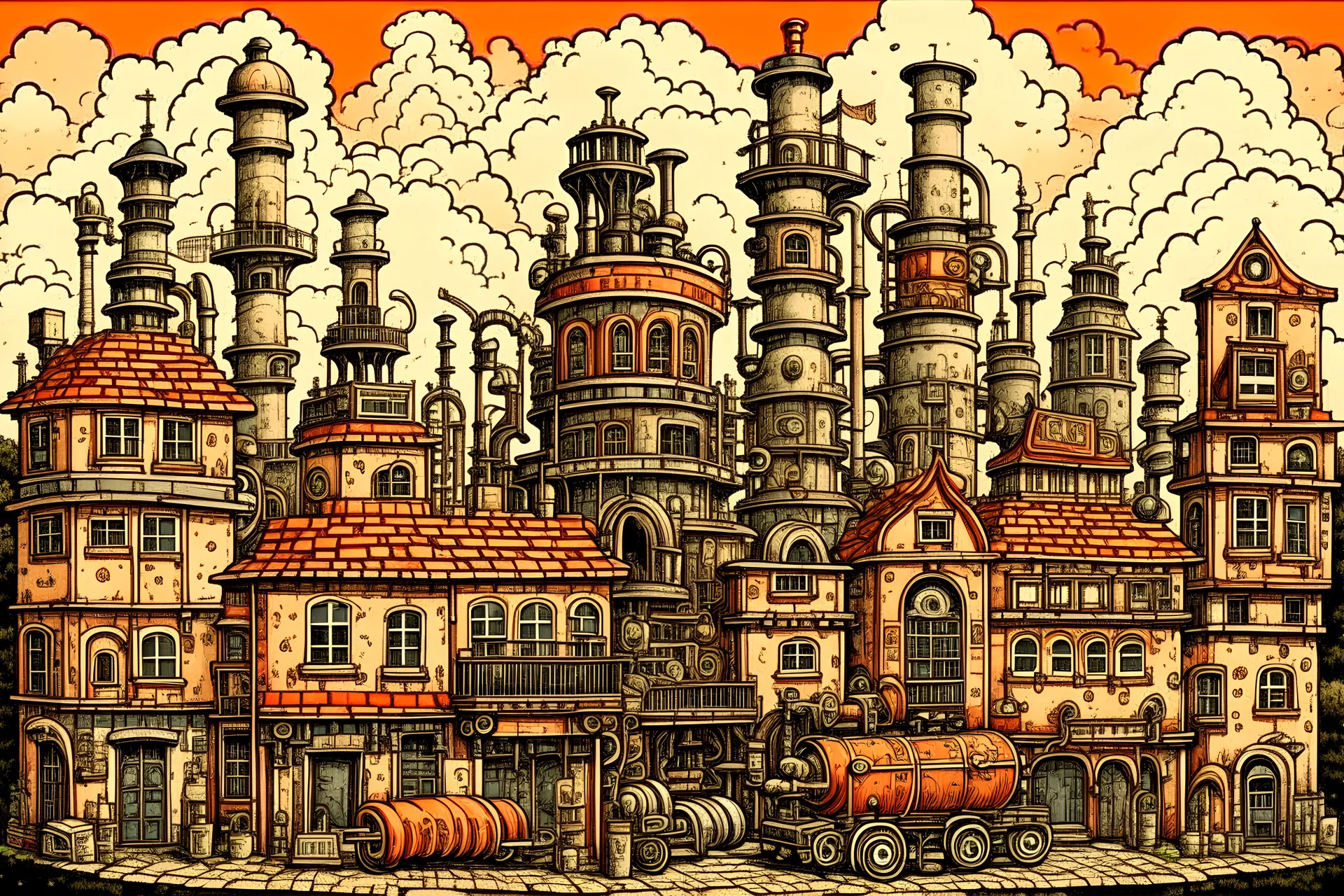 A world of rusty and greyish buildings, pipelines, smoking chimneys, with steampunk elements, by Amanita Design