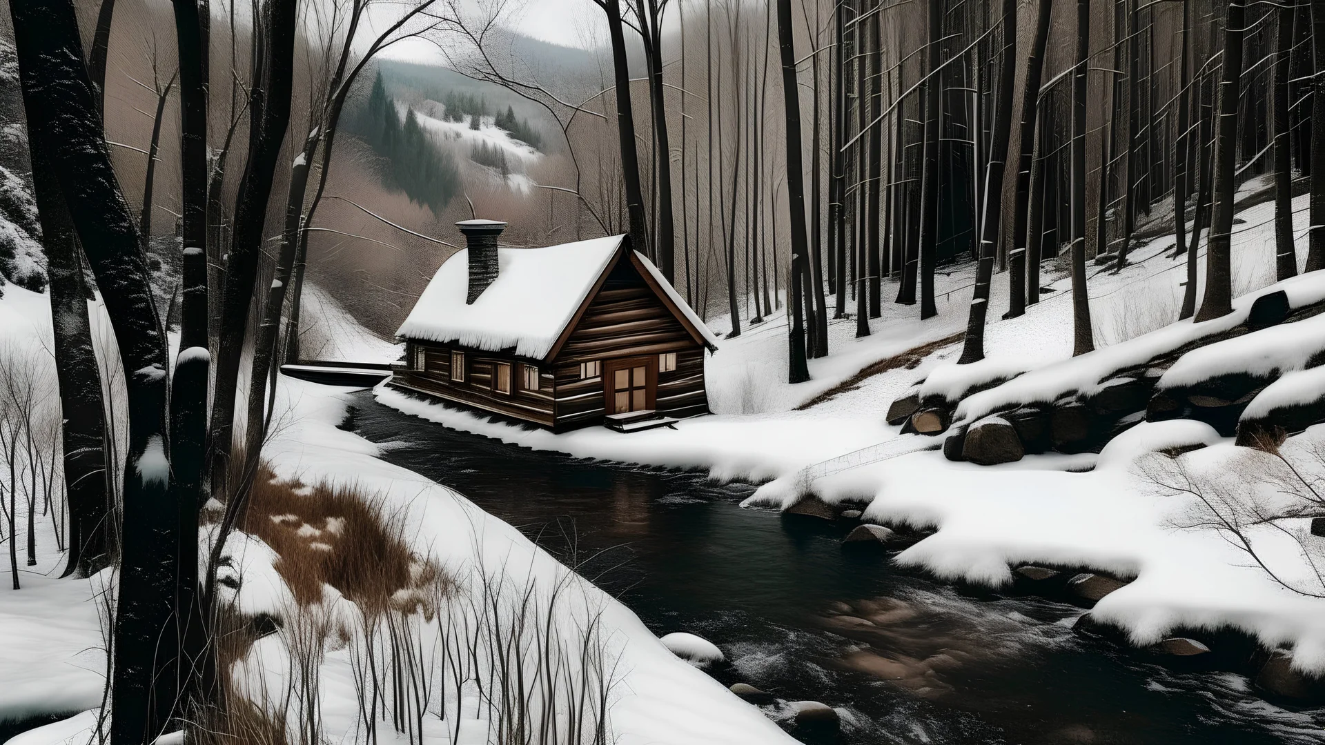 un the woods with snowy hills, a small river , and a cozy cabin.