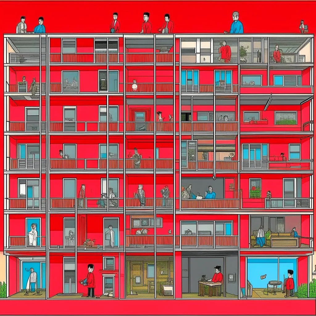 A vertical cross section of a multi-story building showing various rooms and inhabitants, including a person in a red shirt reading at a desk, another person dressed in pink washing clothes, and an elephant in a room with a red wall, with a sky sunny outside