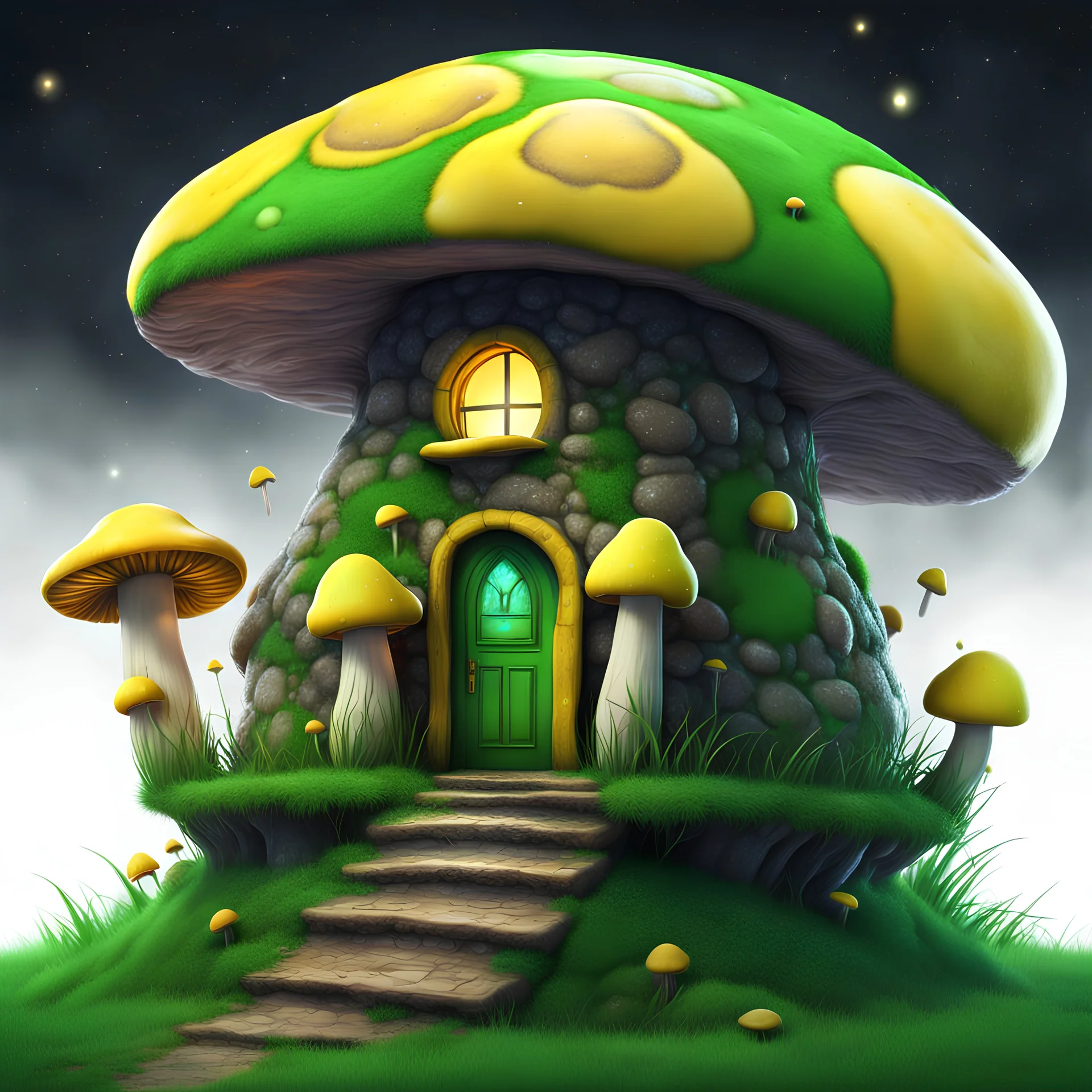 vibrant green and yellow mushroom house on dirt pillar grassy top outer space. stars, grass, mushroom house, dirt pillar. Detailed gloss Painting, rich color, fantastical, intricate detail, splash screen, hyperdetailed, insane depth, concept art, 8k resolution, trending on artstation