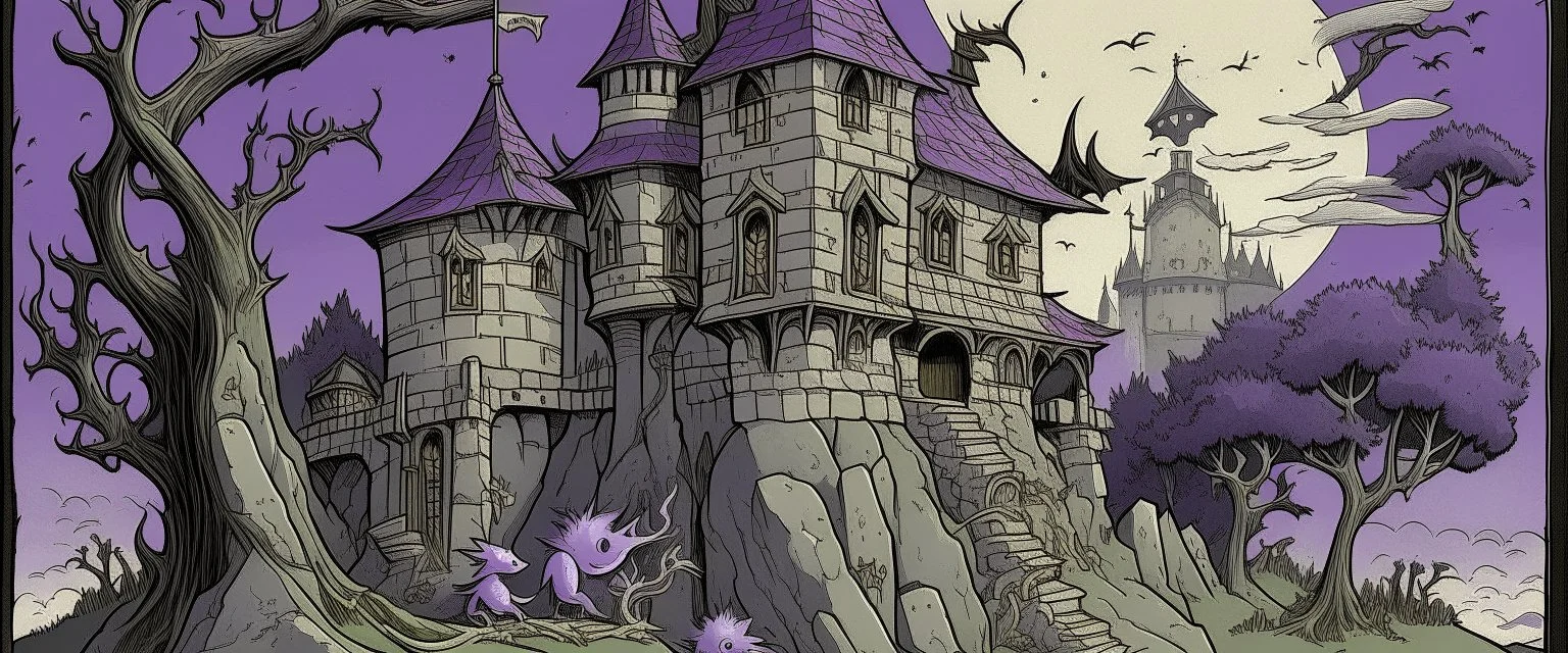A light purple vampire bat chateau designed in native American petroglyphs painted by Utagawa Hiroshige