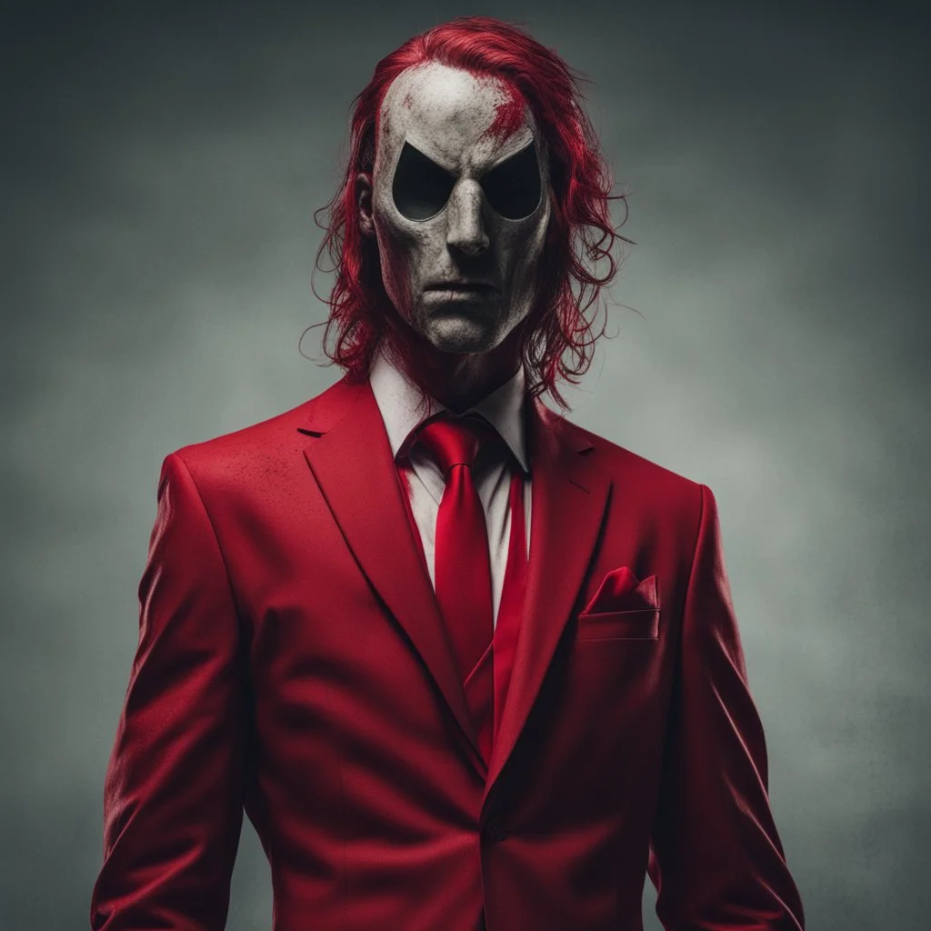 a sinister figure wearing a red suit with a red tie with no face and dirty hair