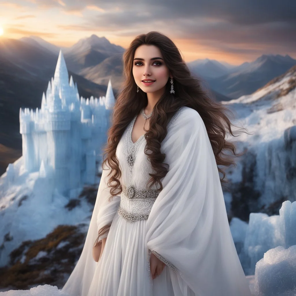 Hyper Realistic close-up-view of Beautiful Happy Pashto Girl with beautiful hair & beautiful eyes wearing white-dress-&-black-shawl standing outside an ice-castle on mountain-top with cloudy-sunset showing dramatic & cinematic ambiance