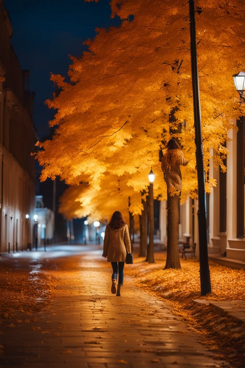 night yellow lights over the street trees autumn leaves under feet ,a Student adult girl with books in her hand walking in street looking to camera a boy who loves her flowing her from distance back