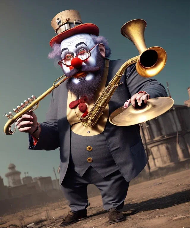 mechanoid old friendly fat clown with trimmed beard playing jazz with a steampunk theme, trumpet, realistic