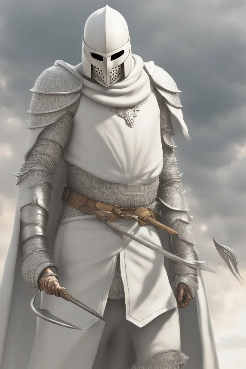 Knight wearing white chainmail armor and white cape with white mask, holding a spear