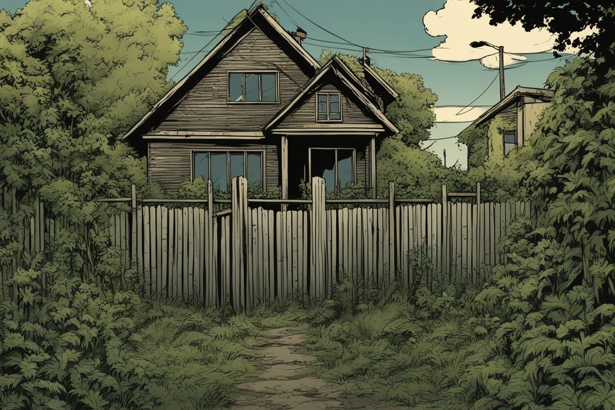 fence, house , overgrown apocalyptic background, comic book,