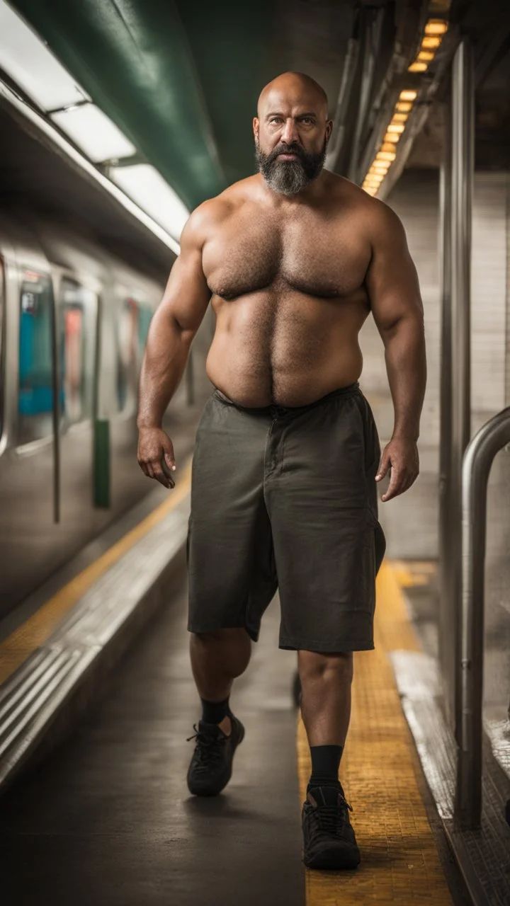 full figure photography of an ugly dirty arab burly muscular beefy strong man 47 years old with raided beard, shaved hair,, ajar mouth, photorealistic ,shirtless, bulging shorts, side light, inside a crowded subway station , neon lights