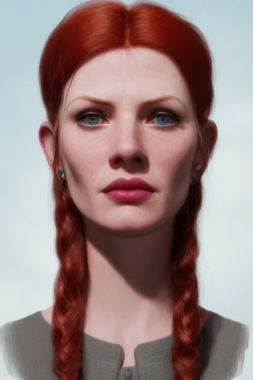 Woman 70 anni, cute, beautiful, orange hair, two braids, wild bangs, blue eyes, big eyes, freckles, long eyelashes, pink lipstick, thin lips, small nose, Gillian from Practical Magic, 8k resolution concept art portrait by Greg Rutkowski