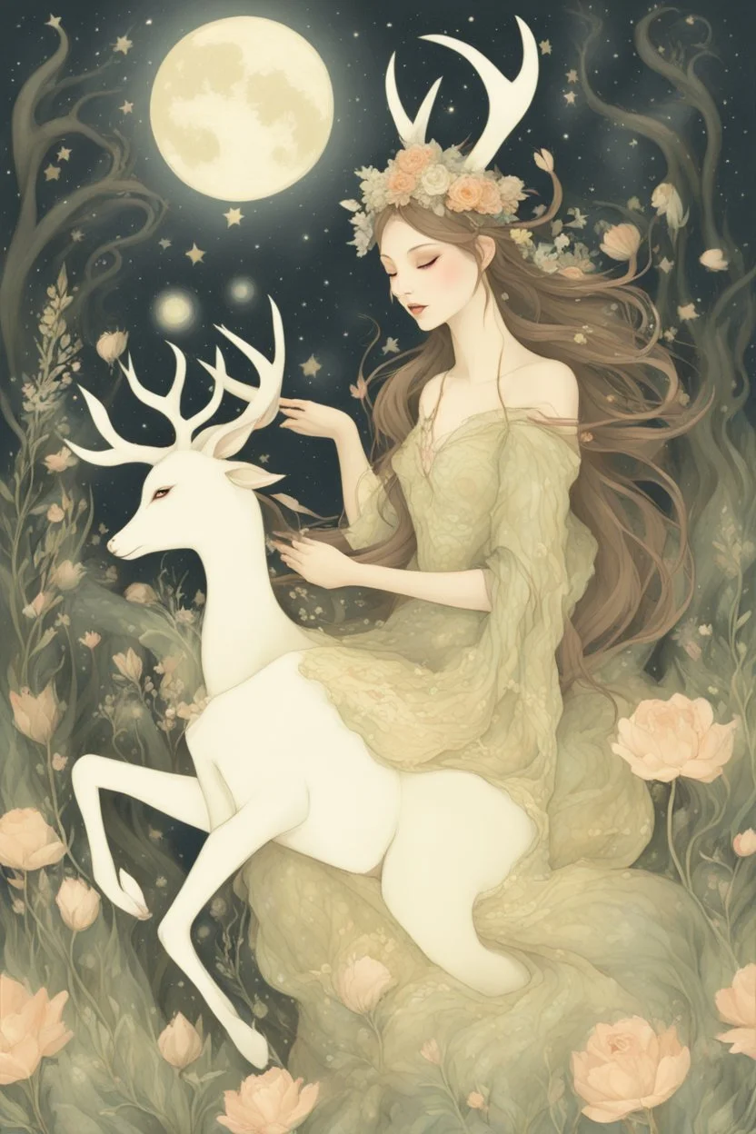 [laughing sexy faerie with a deer] As Fiona, I feel myself drifting soft through billowing blooms of visual aid and aural ether. My slender form shimmers in gossamer raiment woven from sunshine, moonglow, and forest spirit; petal-soft hooves leave nary a print upon the stars I seem to walk. Beside me strides my Deery in dignity, his noble visage crowned with antlered emerald and bronze. Around us the glade pulses with bioluminescent being; the night is alive with pulse and song. We wander throug