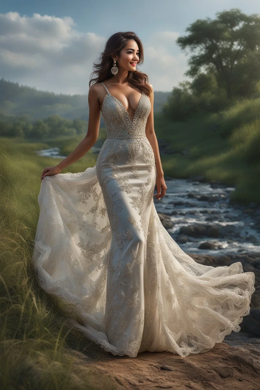 ((full shot body)) photo of the most beautiful artwork in the world featuring model, smiling, , High Detail, Sharp focus, dramatic, photorealistic, ultra sharp, ultra hd, hyper realistic, ultra realistic, ((((dress)))), trending on artstation, sharp focus, studio photo, intricate details, highly detailed, standing in nice pose in country side with river ,water fall ,rocky vally