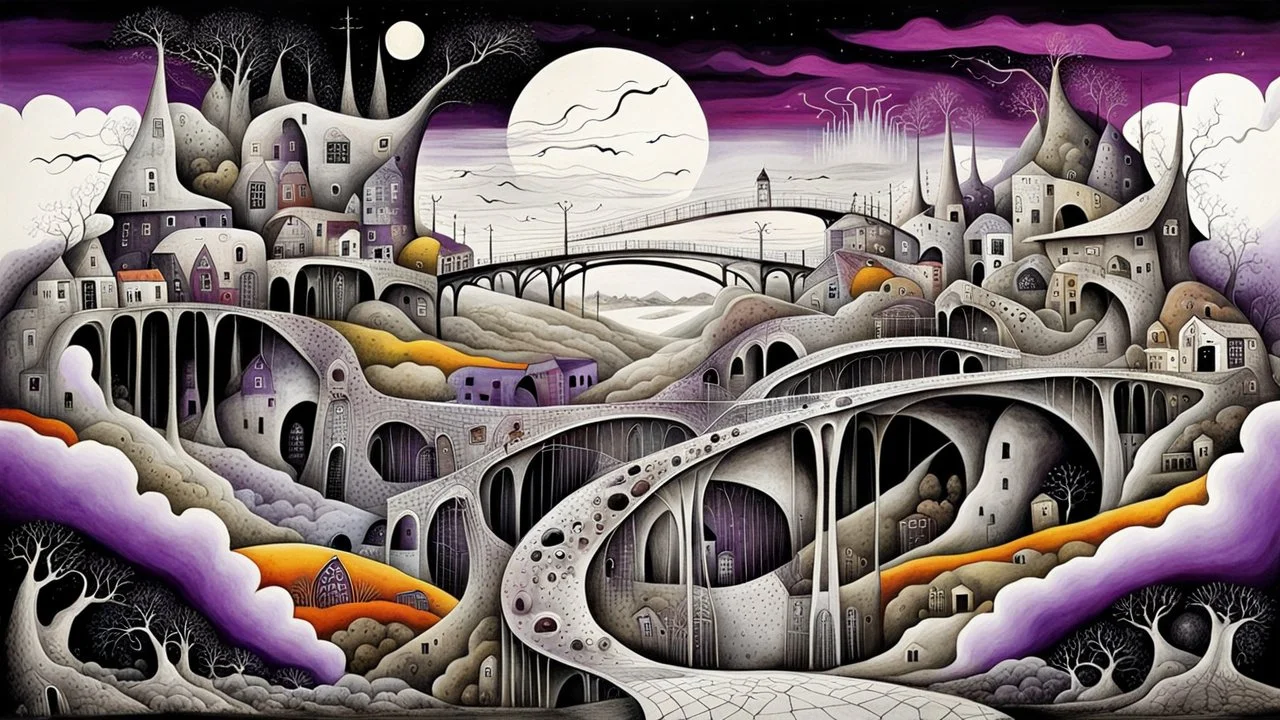 whimsical, weird long thin houses stand in village in weird whimsical landscape with long two bridges, , futur-surreal vibe with abstractions, around surreal cracked painted weird land with dark purple, gray, black, white, brown colors. style of Chagall , of Minjae Lee and Tim Burton, absurd beauty picture. weird bizarre absurd, nightmare, big neuron network clouds background and thin bridges, too big, too elongated shapes, psychedelic dream