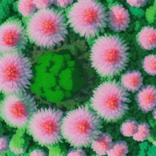 microphotography top-down view of a multicolored complex flower, high definition, detail, HD, 8k, realistic, 3d rendering, blender, photography, fisheye, bulge, tilt shift blur, microbiology