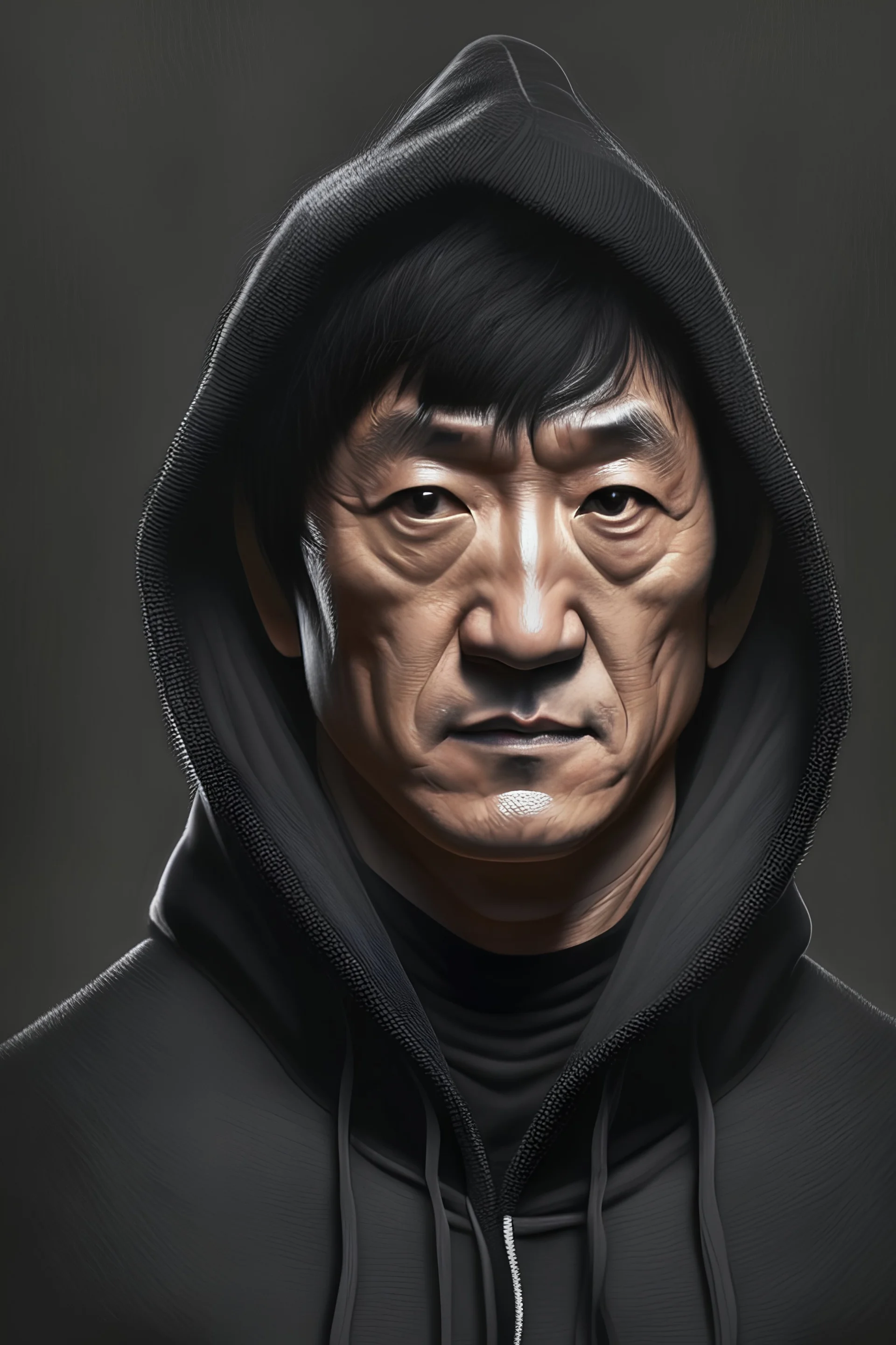 Portrait of a Jackie Chan in a black hoodie