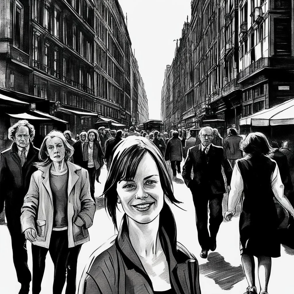 woman in the midle of a peatonal walk in e great city; behind her, unfocaused, other people walking, realism, black and white