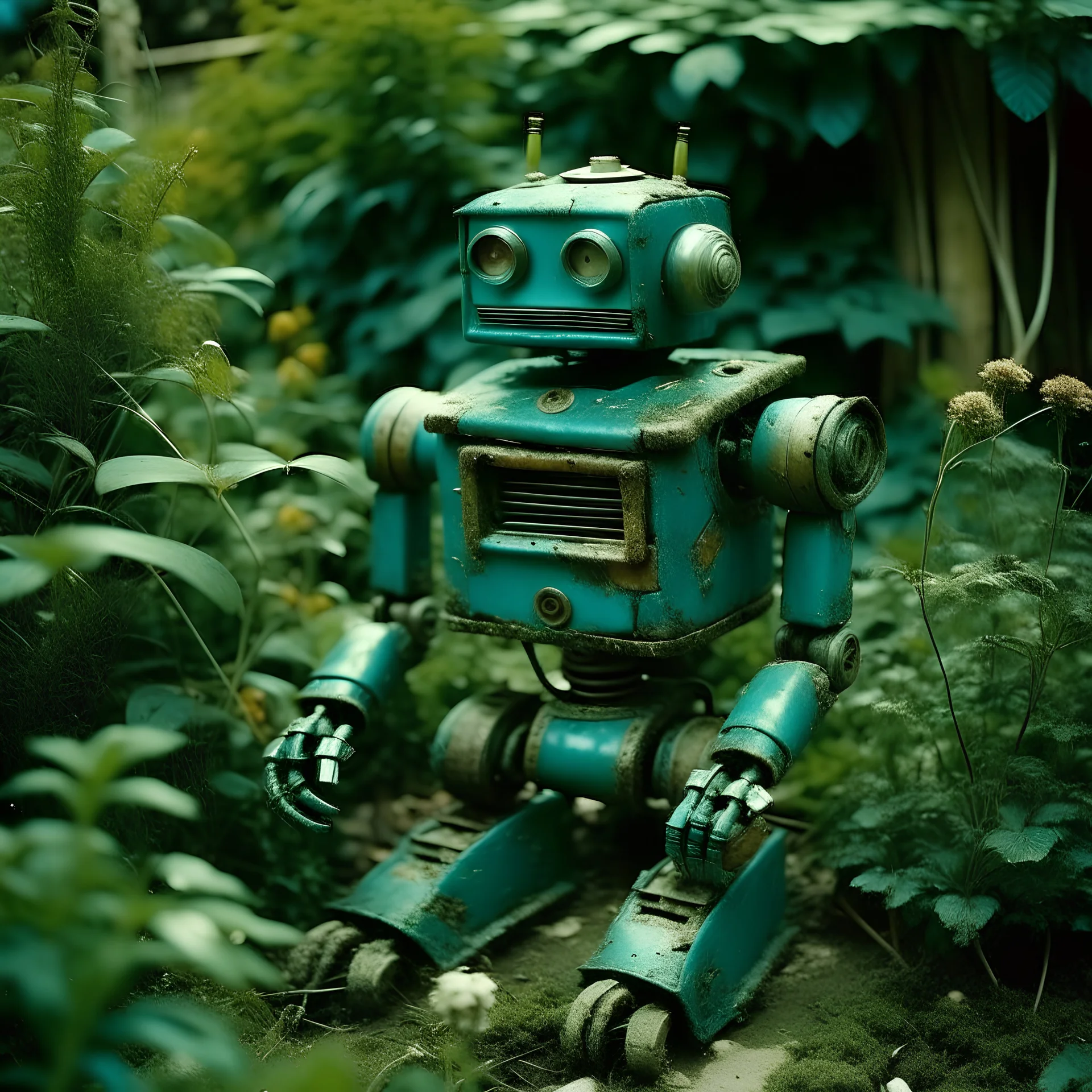 an old robot, turquoise, autochrome, garden