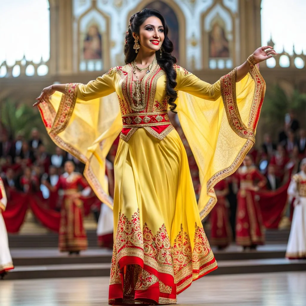 azeri female full bdy with traditional dance clothing in modern stage in a royal hall