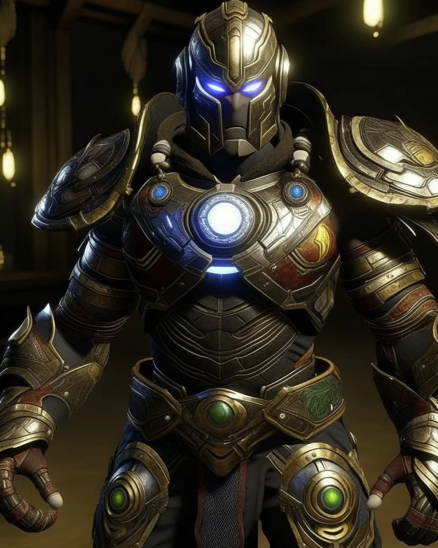 An armor made of a mixture of steel and leather, worn by a strong commander with magical power infinity gauntlet has six infinity stones And two big wings on his back