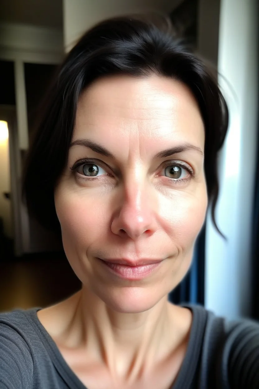 A selfie of a brunette woman, middle short hair taken after massage at spa salon. showing attractive 37-year-old European woman. She has white skin, tousled black hair, pretty face without makeup, big round brown eyes, cute profiled nose, detailed full lips, skin texture.