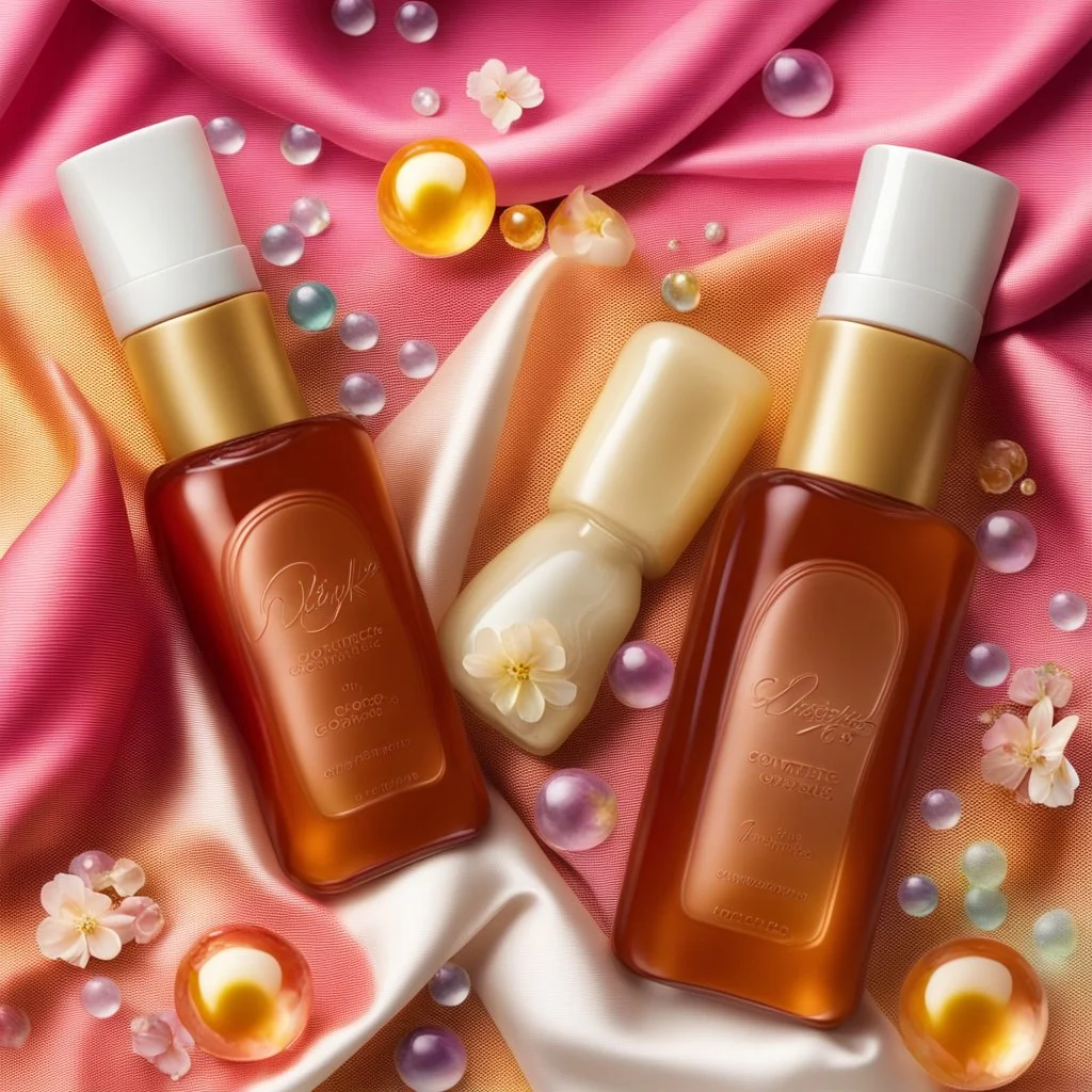 two cosmetics bottles are on a silk fabric, behind a beautiful floral spring floral background, the picture is top view, in the background there are beautiful soap bubbles, molecules and honeycombs, high-quality picture, top view