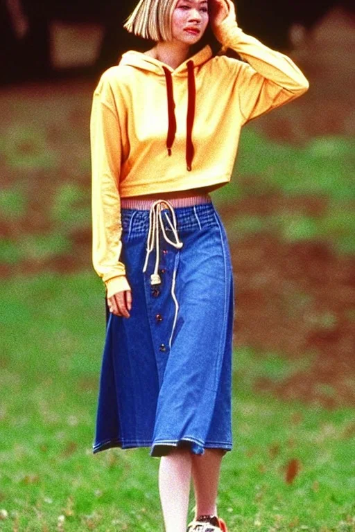 year 1996 fashion. Loose skirt, low waist. Combat t-shirt. Colors: denim blue, blue, purple, cream, khaki, light green, lilac, plum, orange, terracotta, red, light yellow, pink, dark blue, beige. Latex in small part. Sturnus vulgaris pattern prints.. bridget jones and jennifer lopez. Hoodie.