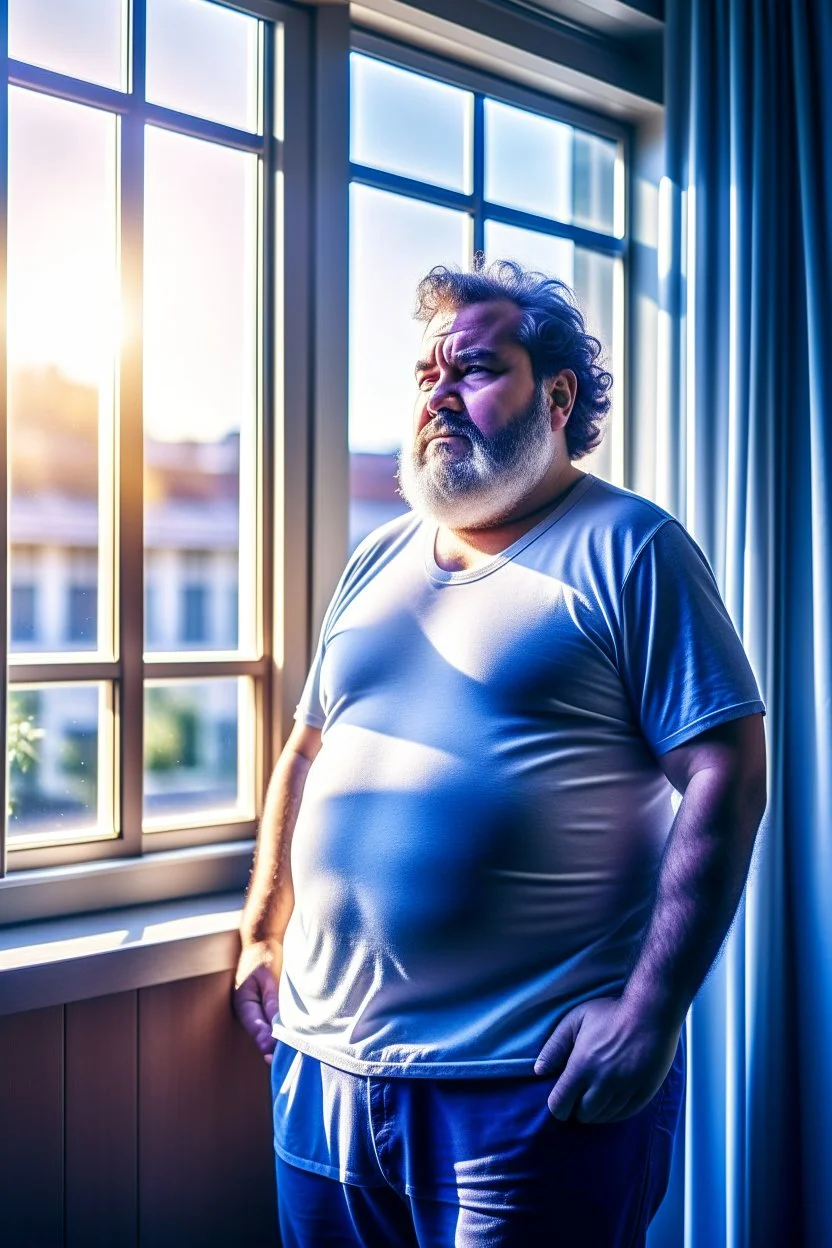 full figure shot photography of burly chubby turkish man 55 years old, at the windows , towel around the waist, bulge, hands behind the head, emotive eyes, long beard, manly chest, curly hair, sharp focus, backlit, harsh overhead sunlight, ambient occlusion , photorealistic , frontal view