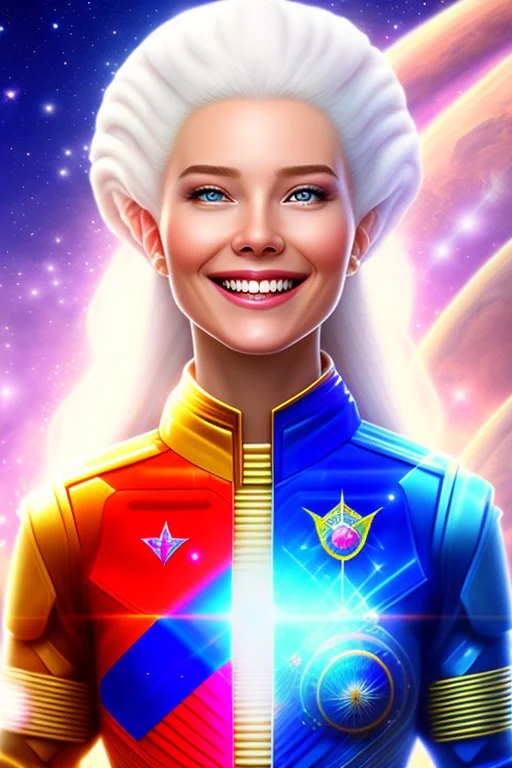 young cosmic woman smile, admiral from the future, one fine whole face, large cosmic forehead, crystalline skin, expressive blue eyes, blue hair, smiling lips, very nice smile, costume pleiadian,rainbow ufo Beautiful tall woman pleiadian Galactic commander, ship, perfect datailed golden galactic suit, high rank, long hair, hand whit five perfect detailed finger, amazing big blue eyes, smilling mouth, high drfinition lips, cosmic happiness, bright colors, blue, pink, gold, jewels, realistic