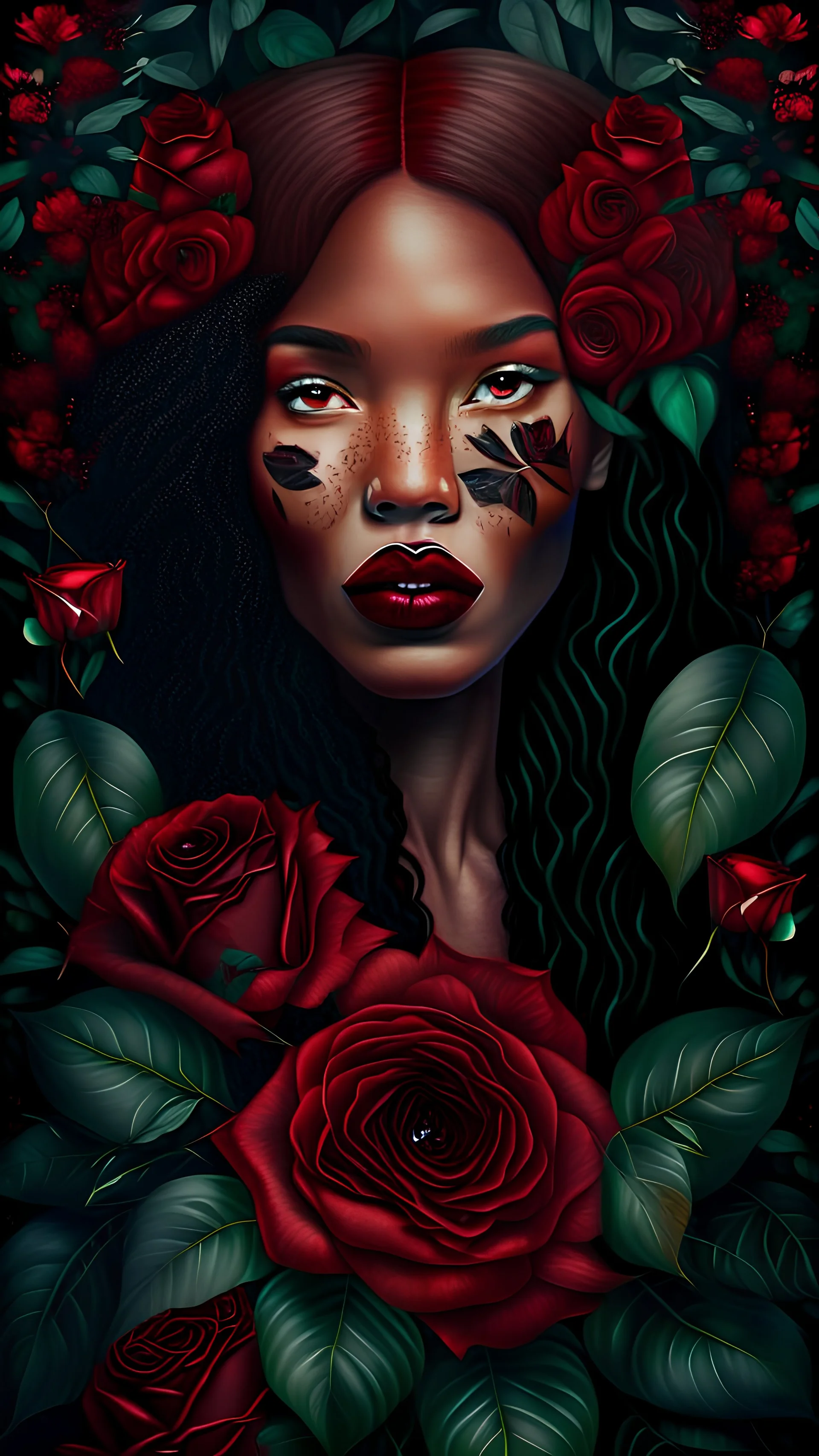 beautiful realistic black woman with fox face, with dark red hair and beautiful red roses growing from her, dark forest green pattern background