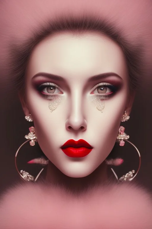 Minimalistic portrait of a beautiful woman with red lips and cold big eyes wearing earrings, a light pink fur coat in a haute couture style isolated on a dark background, cinematic lighting, ultra-realistic, shot in the style of hasselblad