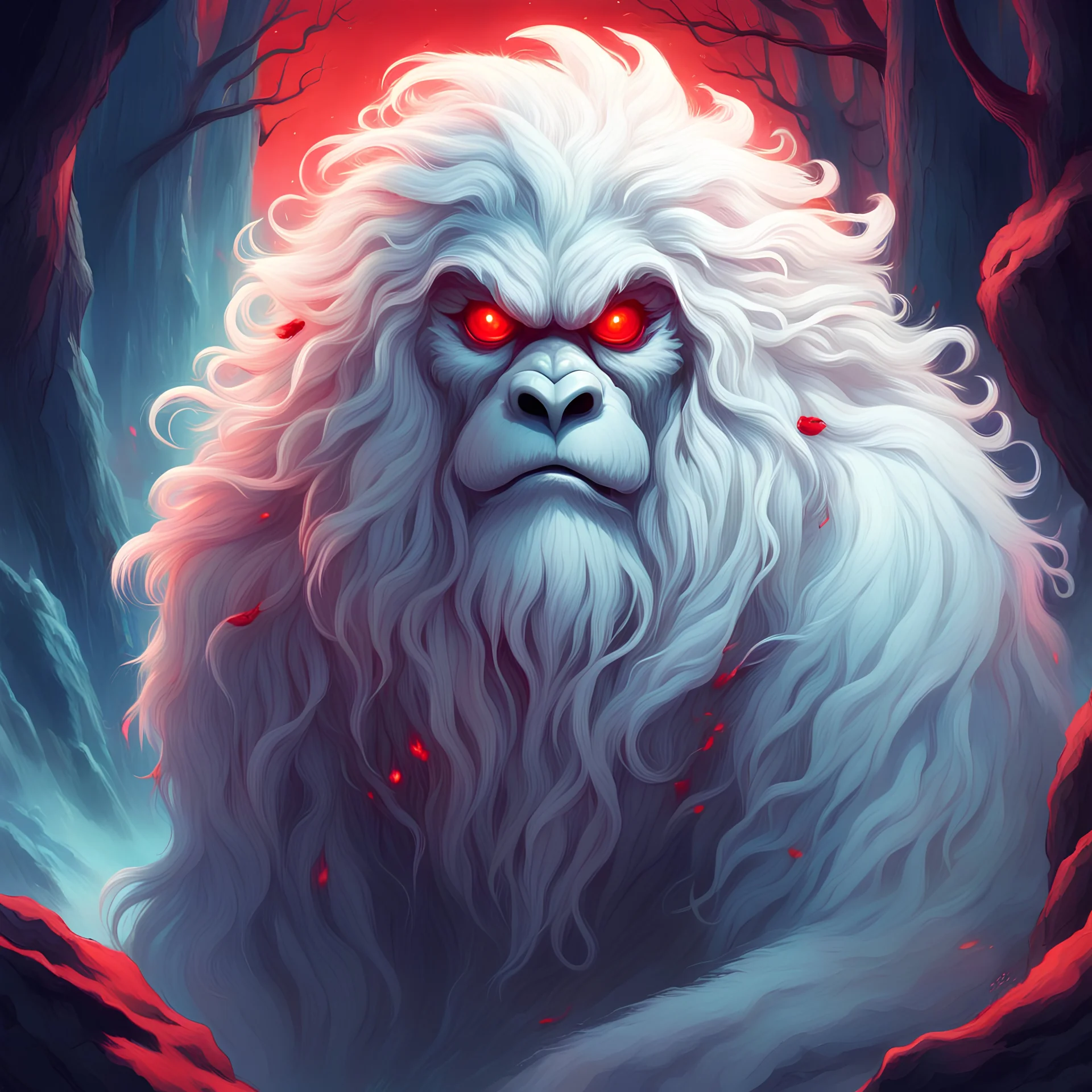 ghost yeti with flowing white mane and glowing red eyes in cyril rolando art style