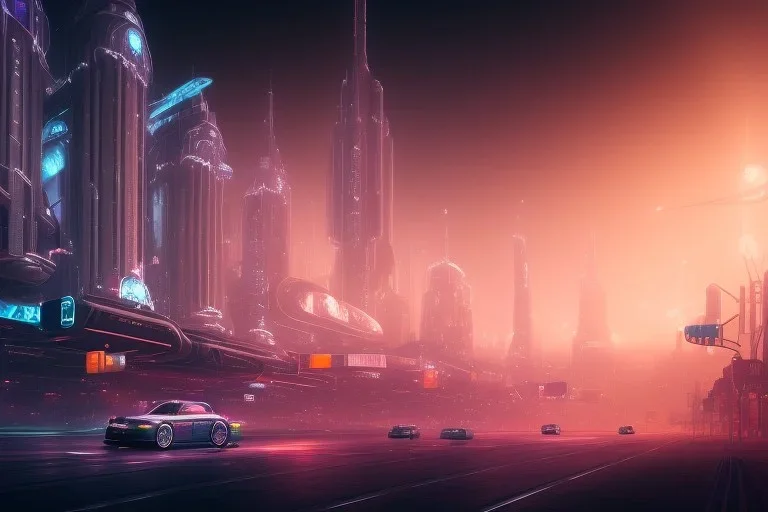 a cinematic view of a big future city but all the roads are rainbows