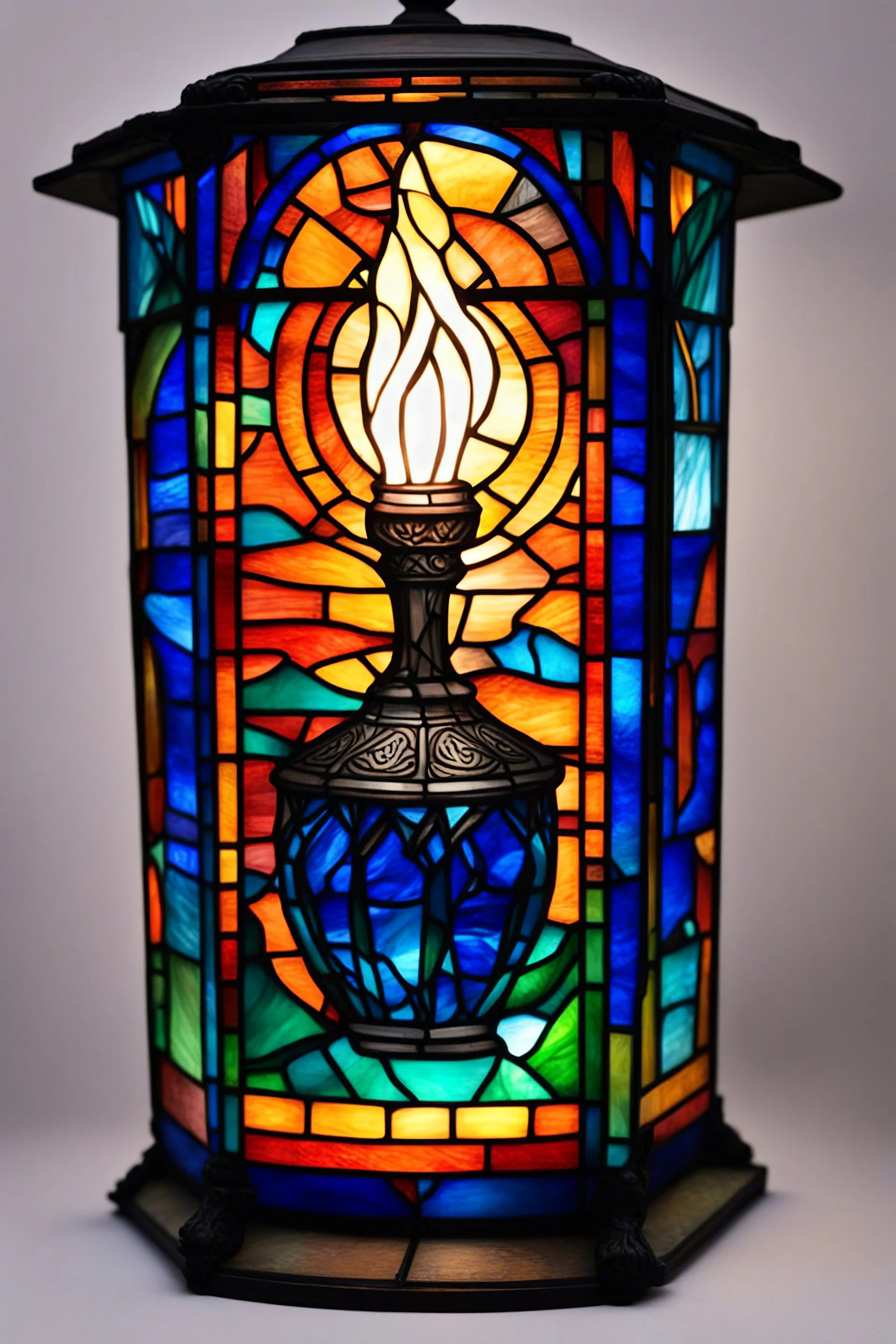 leaded stained glass lantern depicting Harry Potter goblet of fire