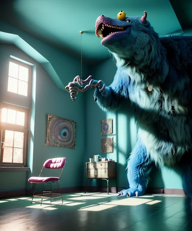 Ultra Realistic Room image with big sweet monster, Kandinsky artist style, highly detailed, unreal engine 5, RTX, ultra detail, volumetric lighting, finely drawn, high definition, high resolution.