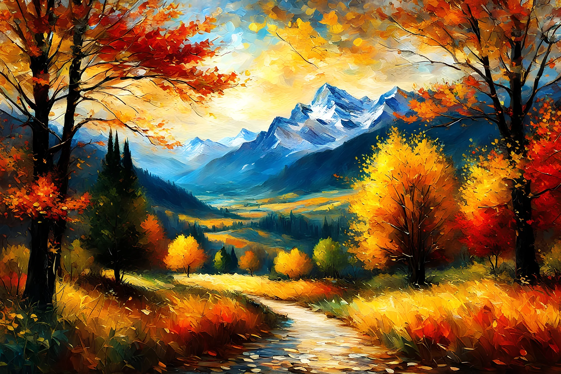 Autumn landscape in think oil paint stokes, expressionist painting style of Van Gogh, Klimt, Renoir bokeh beautiful fantastic view Van Gogh Yossi Kotler Art Modifiers: 4K 3D 布面油画 梵高 非常详细 美丽的 数字绘画 电影后期处理 错综复杂 美妙的景色 亚克力艺术 阿尔方斯·穆夏 丹尼尔.梅里亚姆风格 让-巴蒂斯特.蒙日 木刻油画 超现实的 皇家色彩 品质清脆