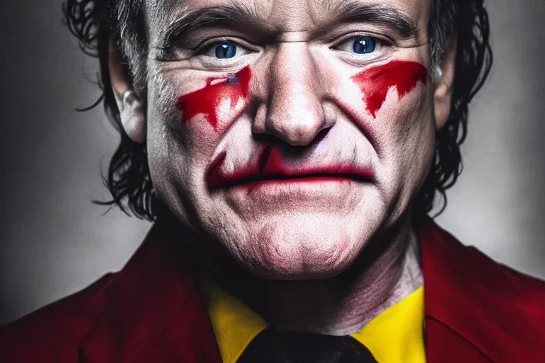 Robin Williams as the joker from dc comics, dramatic light, close up, smoky background, high detail, cinematic, vignette