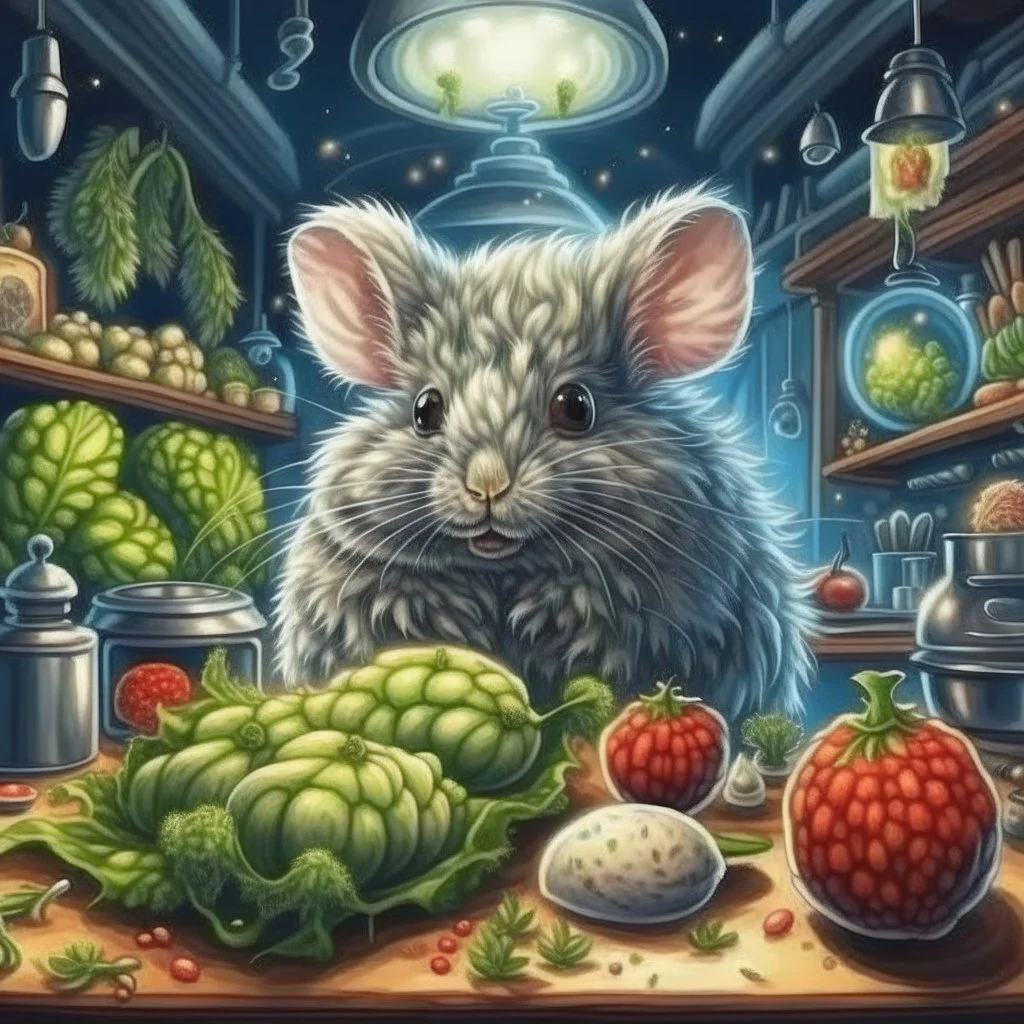 portrait of crazy scientist irradiating food inside grove with huge fluffy space chinchilla in the style of Escher, 4 k, down-light, soft light, depth of field, photo realism, trending on art station, high detail, spray paint