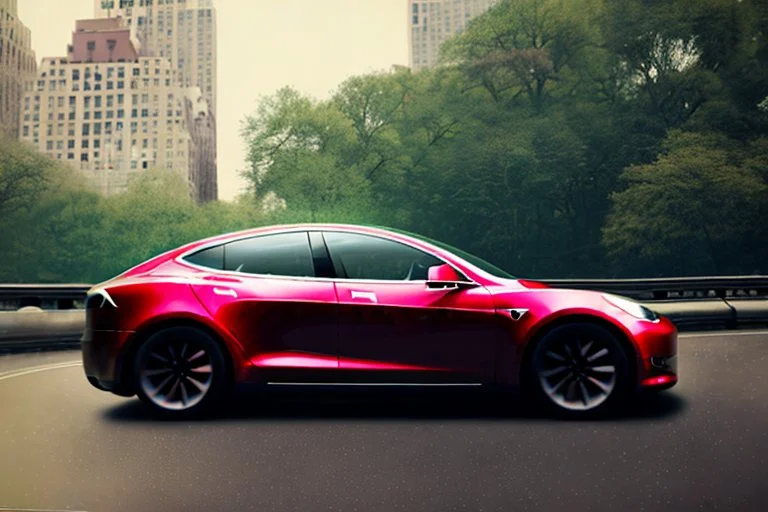 A Tesla 'Model S' is drifting at high speeds, in the 'Central Park' in New York City. (CINEMATIC, WIDE ANGLE LENS, PHOTO REAL)