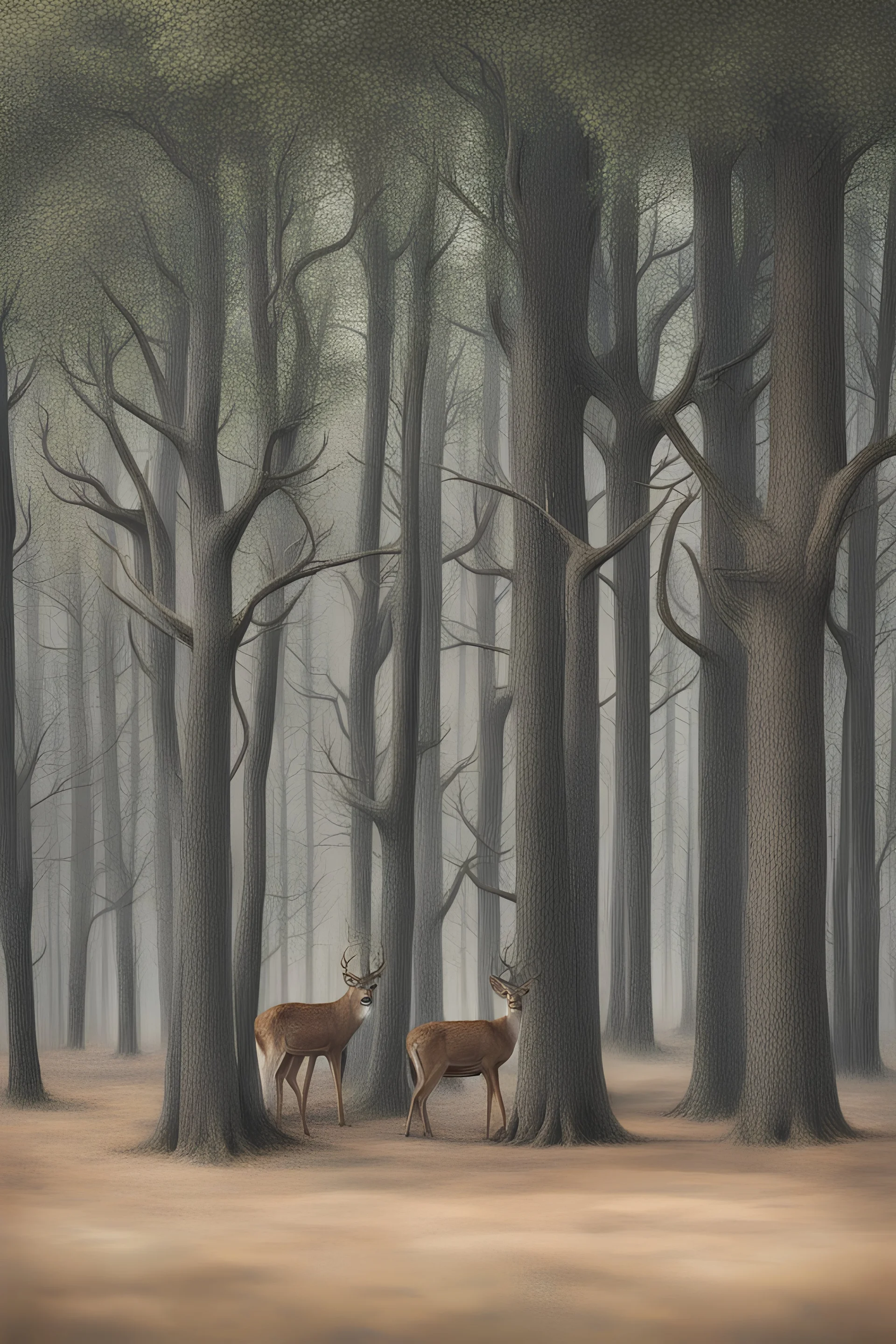 Trees, art, shelter, deer